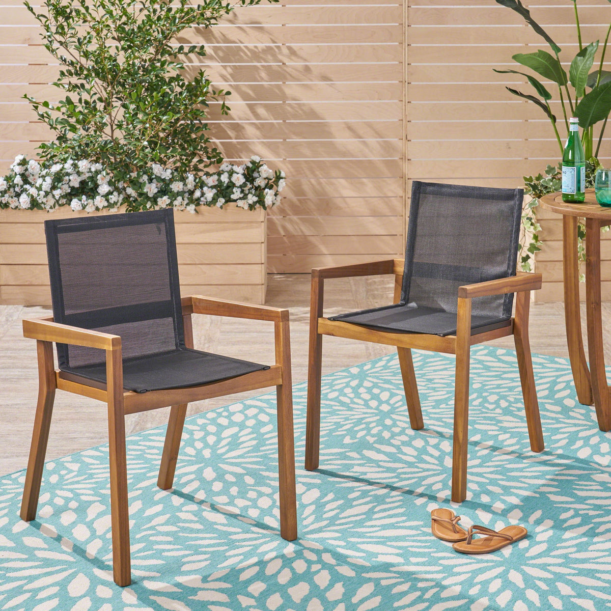 HouseOfZazla Belfast Mesh Dining Chairs, acacia wood outdoor set of 2 on Tampa Home & Garden Store