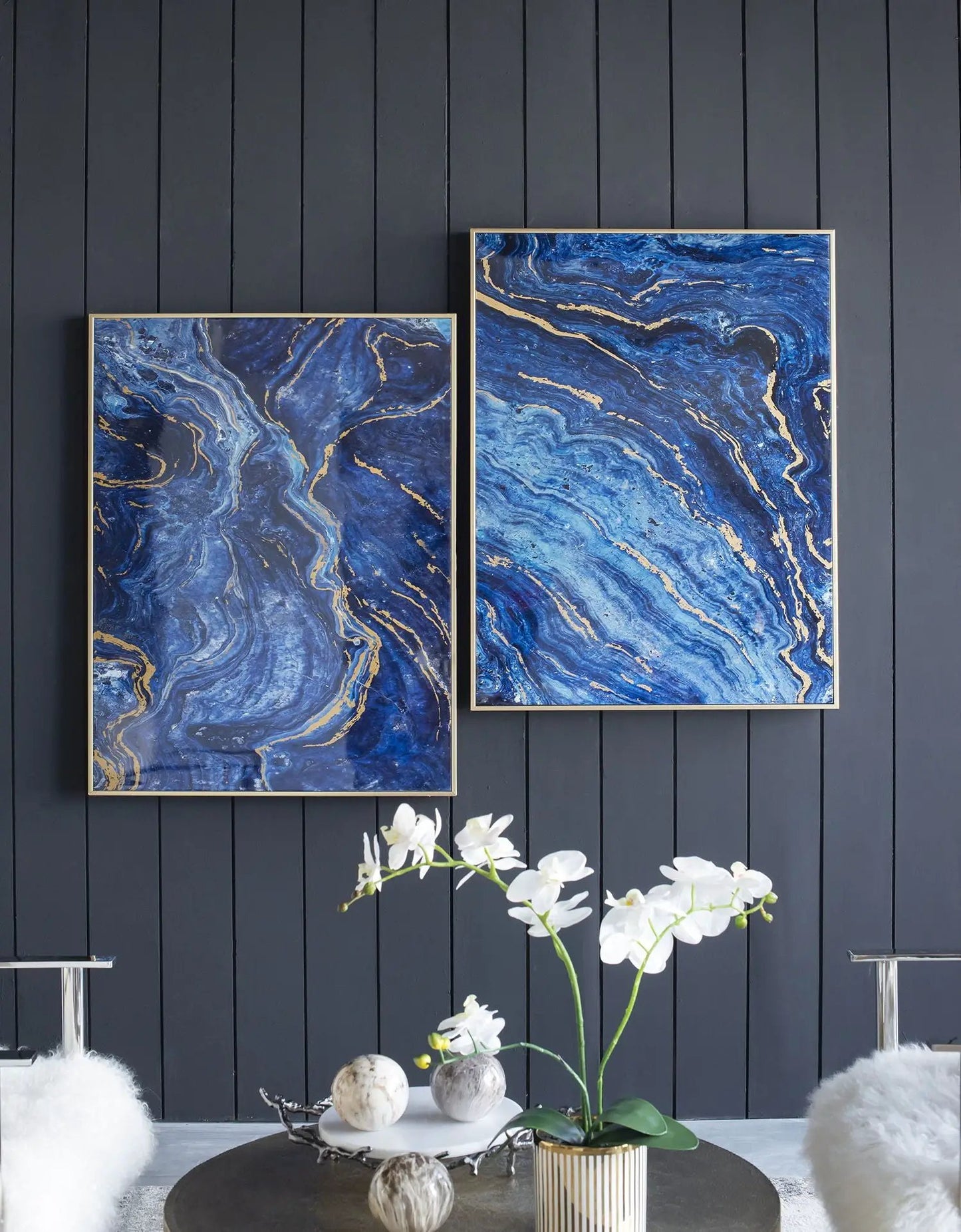Framed Art Panels Unique Marbled Design Blue Set