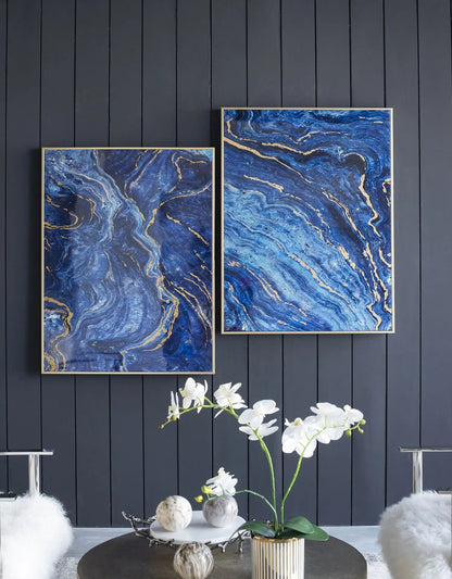 Framed Art Panels Unique Marbled Design Blue Set
