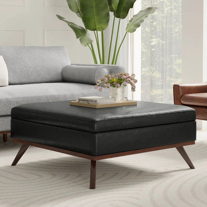 Owen multifunctional square coffee table storage ottoman, black faux-leather top with wooden legs on Tampa Home & Garden Store