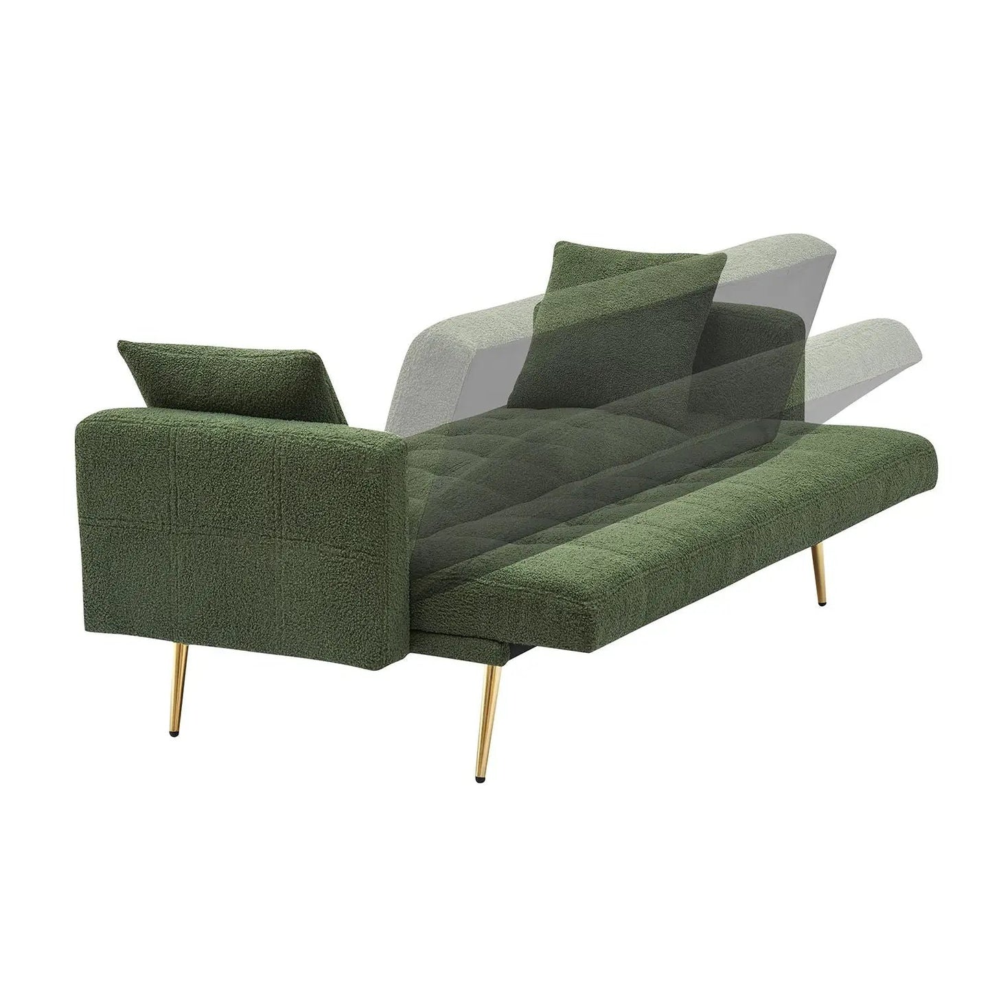 Futon sofa bed Teddy Fleece by Unique Piece Furniture in green with plush pillows, gold legs on Tampa Home & Garden Store