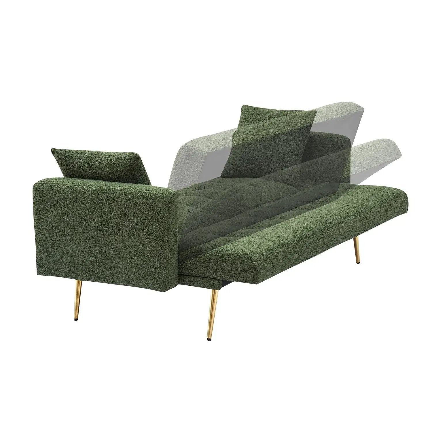 Futon sofa bed Teddy Fleece by Unique Piece Furniture in green with plush pillows, gold legs on Tampa Home & Garden Store