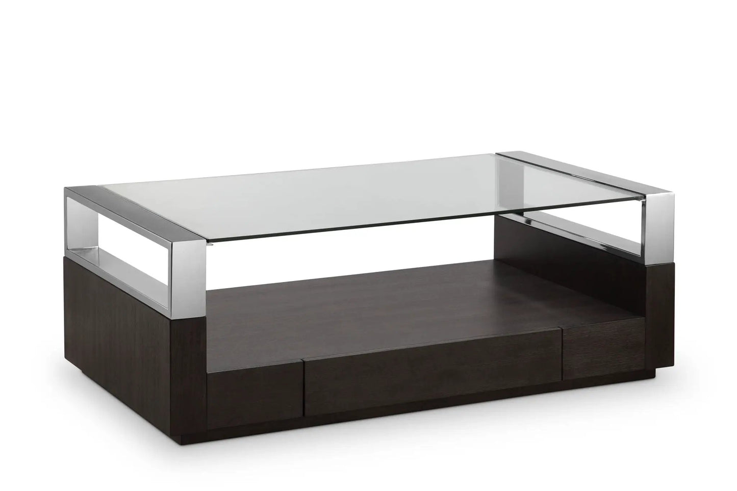 Revere Rectangular End Table with glass top and chrome frame atop dark wood base by Unique Piece on Tampa Home & Garden Store