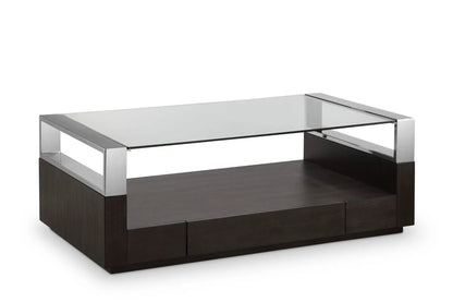 Revere Rectangular End Table with glass top and chrome frame atop dark wood base by Unique Piece on Tampa Home & Garden Store