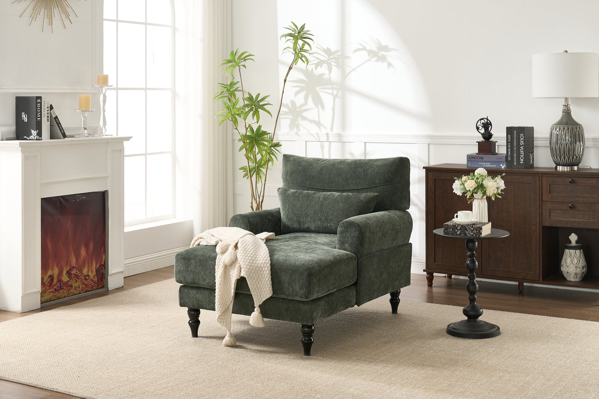 Green modern chaise lounge upholstered recliner chair by HouseOfZazla in bright living room on Tampa Home & Garden Store
