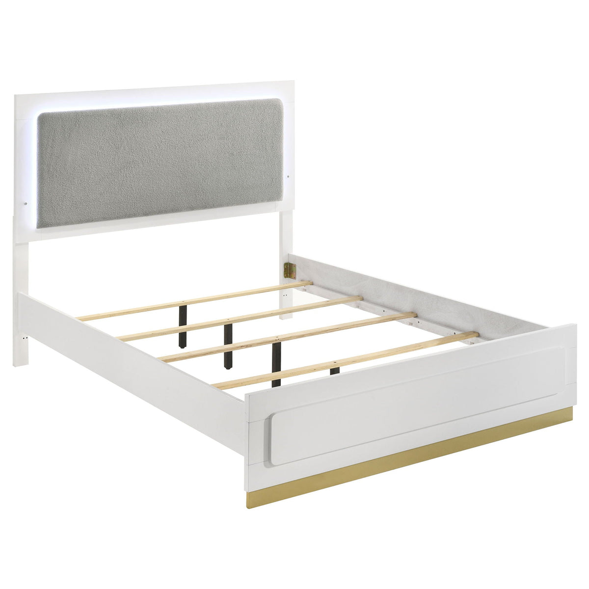 Sophia panel bed with LED headboard, white frame and gray upholstered headboard on Tampa Home & Garden Store
