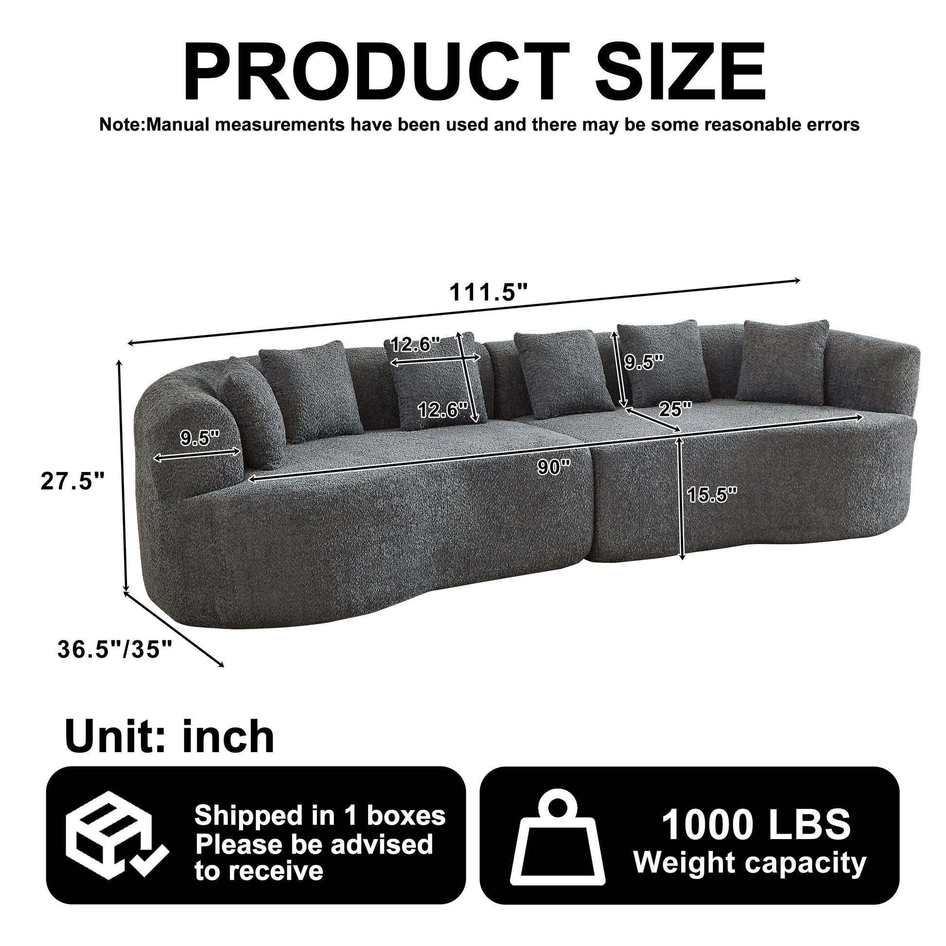 Curved Sectional Sofa by HouseOfZazla, oversized modern design in dark gray fabric on Tampa Home & Garden Store