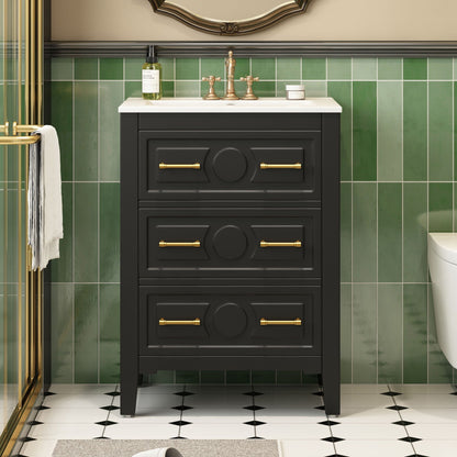 Bathroom vanity with sink, freestanding dark charcoal cabinet with 3 drawers and gold hardware on Tampa Home & Garden Store