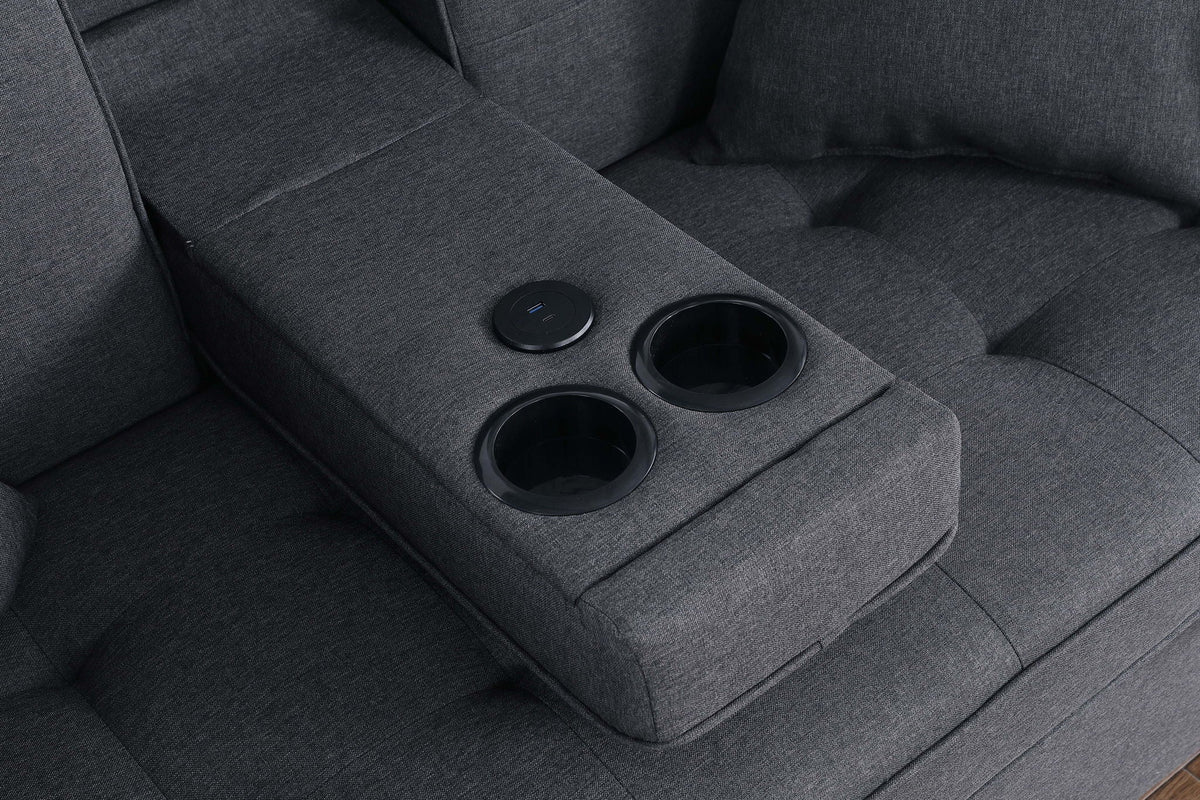 Convertible sleeper loveseat in dark gray fabric with cup holders and USB charging ports on Tampa Home & Garden Store