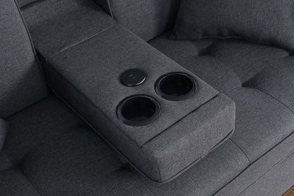 Convertible sleeper loveseat in dark gray fabric with cup holders and USB charging ports on Tampa Home & Garden Store