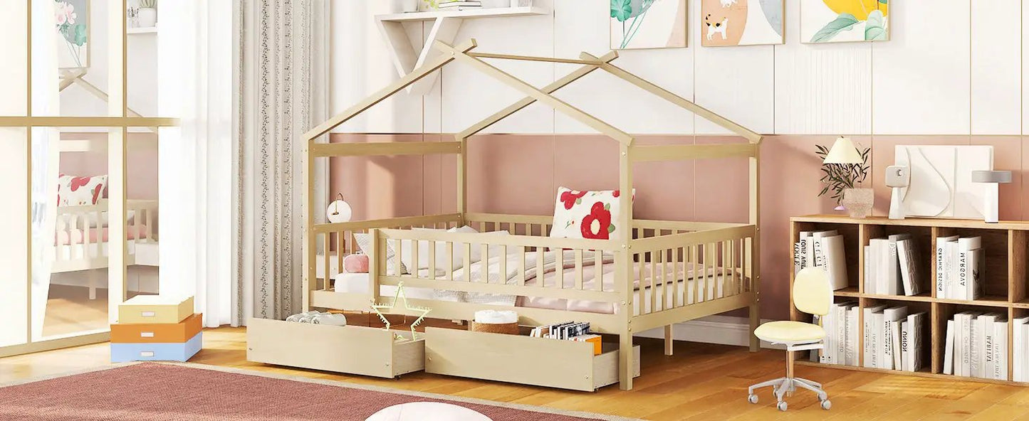 House bed with 2 drawers in light beige wood, canopy frame, storage bed in a cozy kids room on Tampa Home & Garden Store