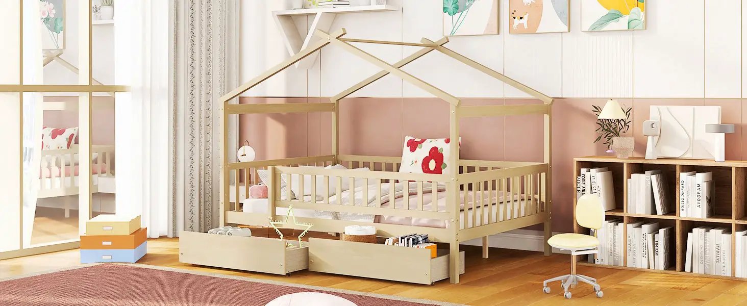 House bed with 2 drawers in light beige wood, canopy frame, storage bed in a cozy kids room on Tampa Home & Garden Store