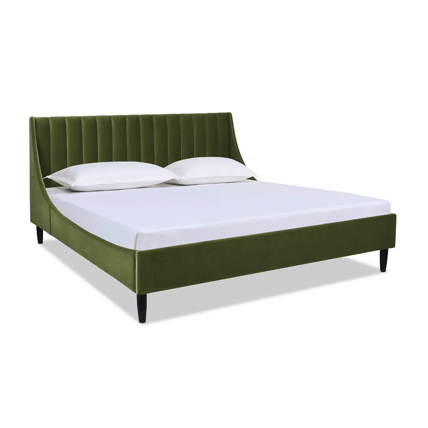 Aspen vertical tufted velvet platform bed with olive green headboard and two pillows on Tampa Home & Garden Store