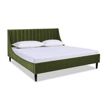 Aspen vertical tufted velvet platform bed with olive green headboard and two pillows on Tampa Home & Garden Store