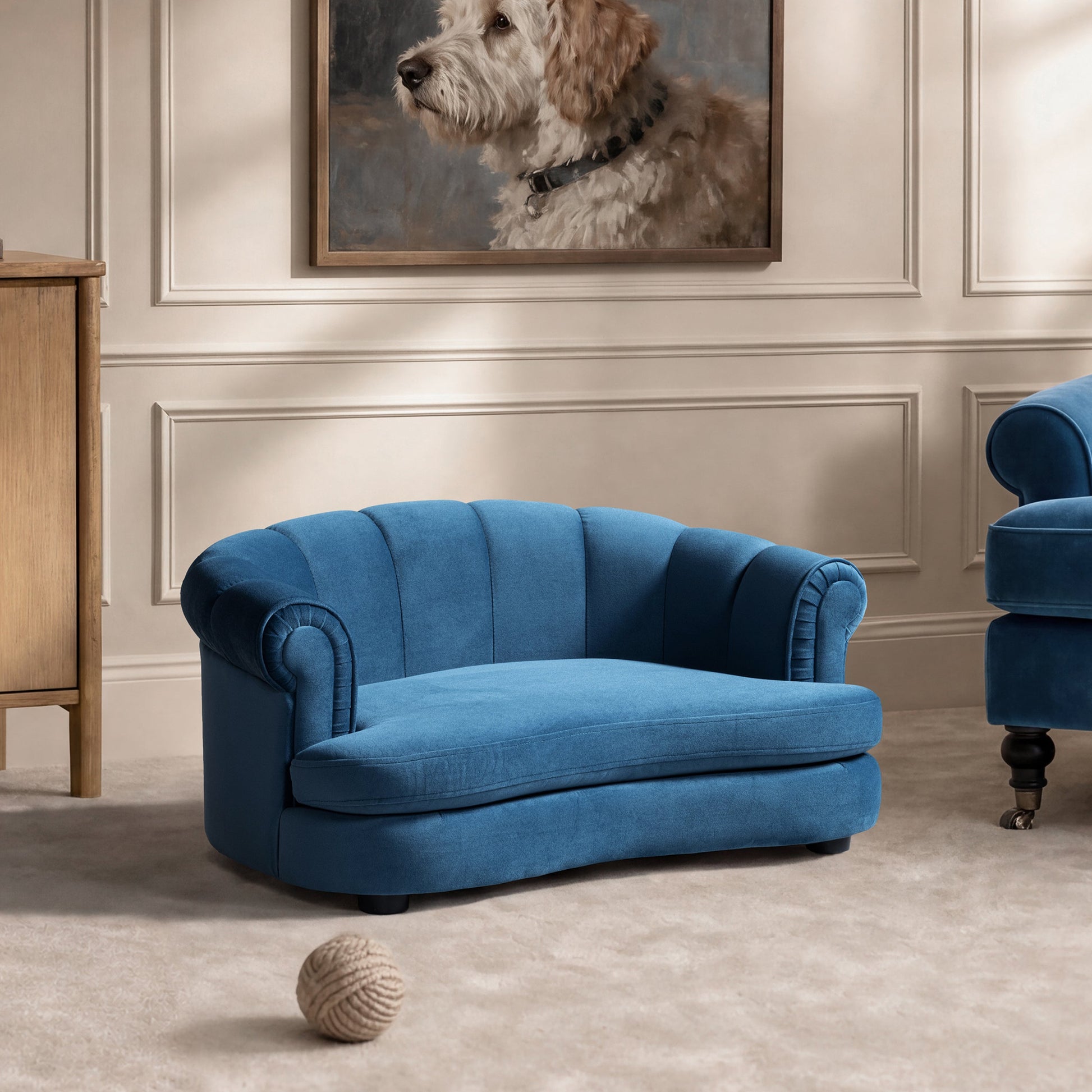 Halle 35.5in Rolled Arm Channel-Tufted Dog Sofa Bed Medium satin blue, HouseOfZazla on Tampa Home & Garden Store