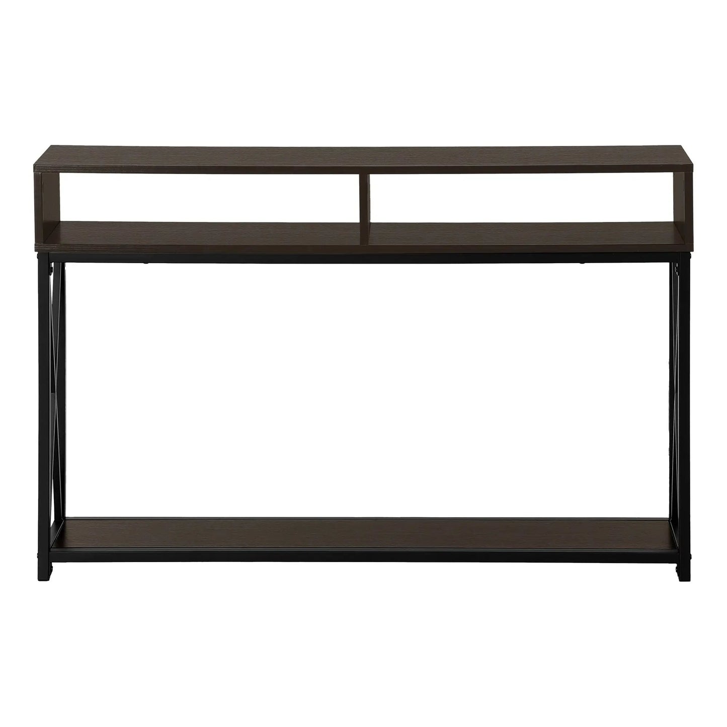 Accent console table in dark brown wood with open lower shelf and black metal frame on Tampa Home & Garden Store