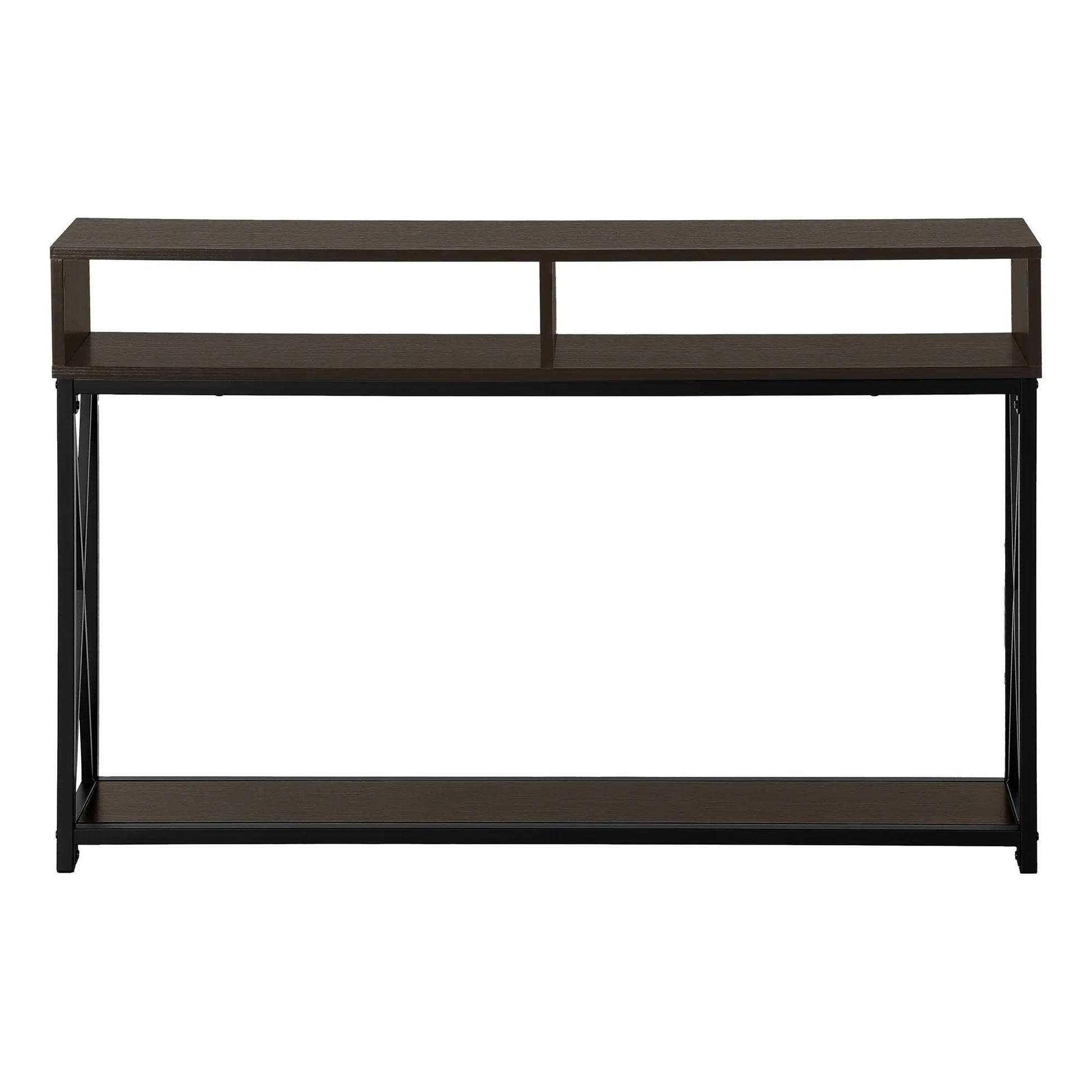 Accent console table in dark brown wood with open lower shelf and black metal frame on Tampa Home & Garden Store
