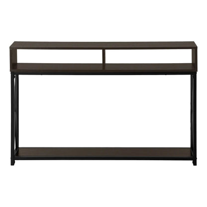 Accent console table in dark brown wood with open lower shelf and black metal frame on Tampa Home & Garden Store