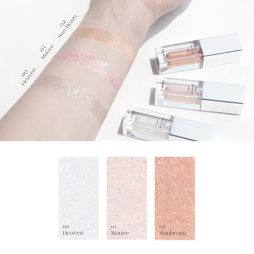 Dear.A vegan glitter eyeshadow Seoulia Heaven Mauve Sunbeam swatches on arm beside tubes on Tampa Home & Garden Store