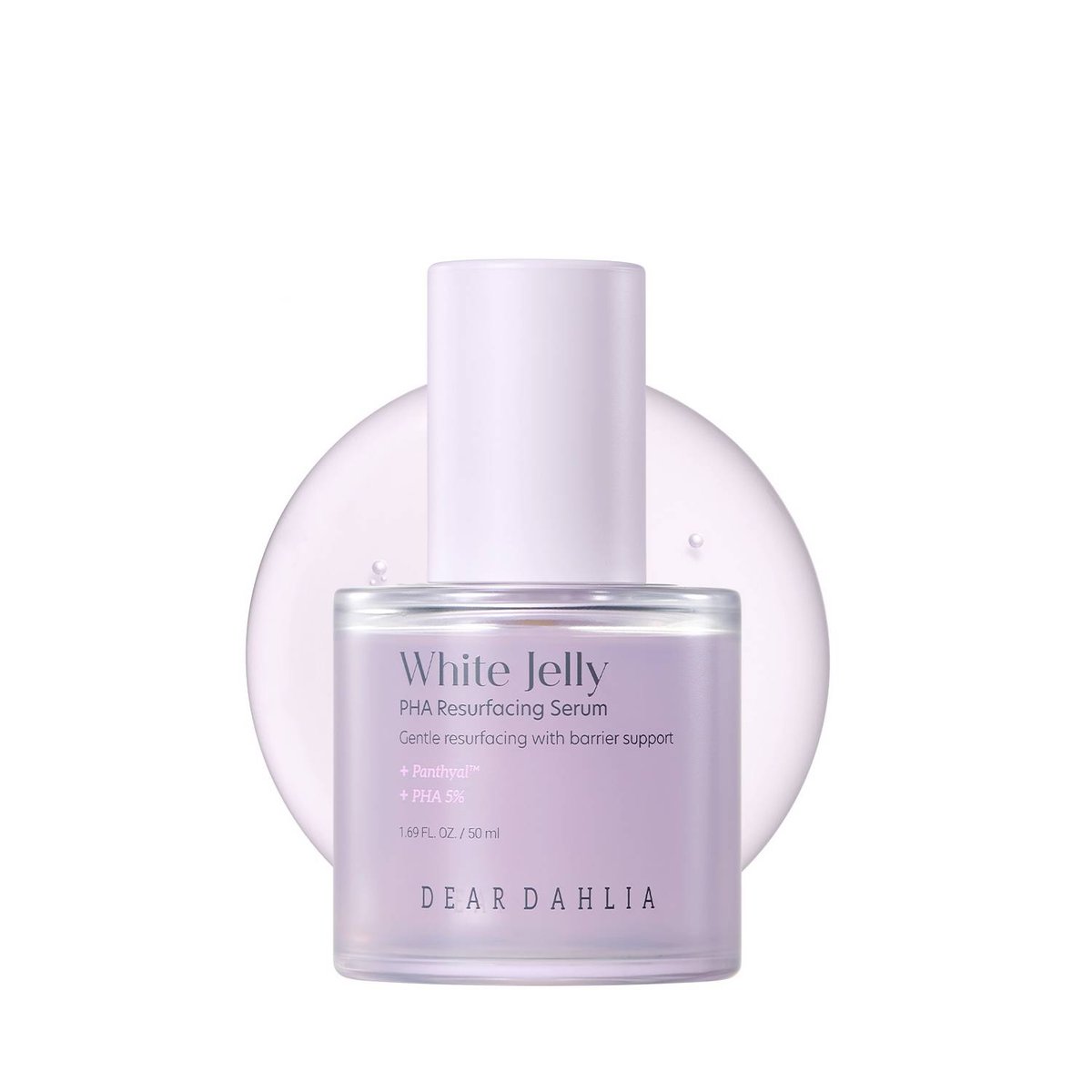 DEAR DAHLIA White Jelly PHA Resurfacing Serum bottle, lavender-tinted glass with pink cap, 50 ml on Tampa Home & Garden Store