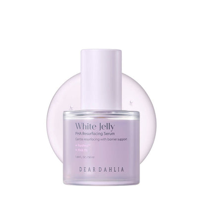 Dear Dahlia White Jelly PHA Resurfacing Serum bottle with pastel lavender liquid, 50 ml on Tampa Home & Garden Store