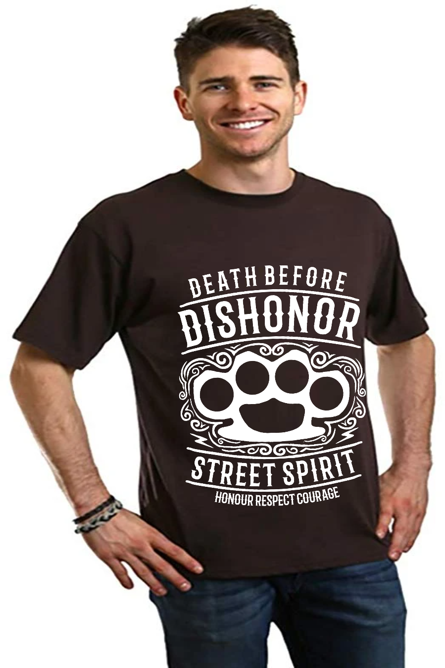 Men's dark brown graphic T-shirt by Spun Bamboo with Death Before Dishonor Street Spirit on Tampa Home & Garden Store