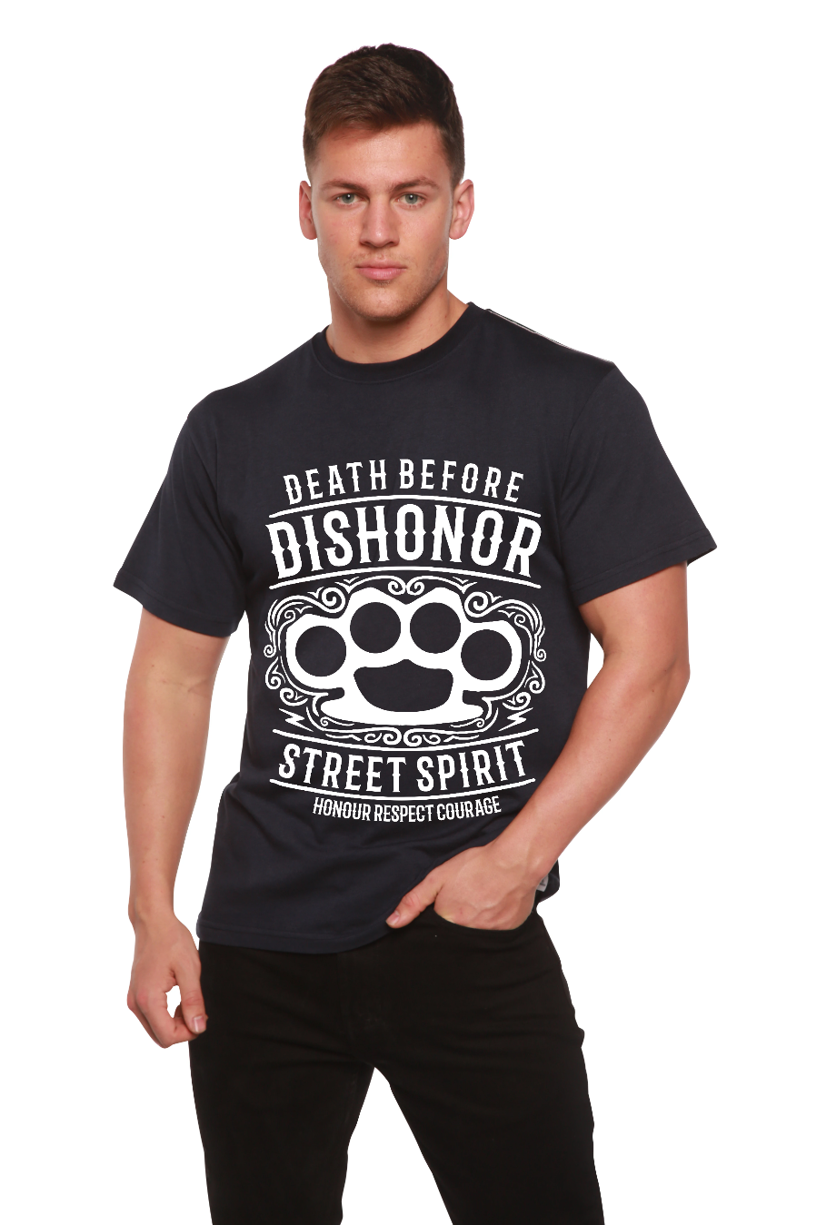 Death Before men's bamboo viscose organic cotton short sleeve graphic T-shirt by Spun Bamboo in black on Tampa Home & Garden Store