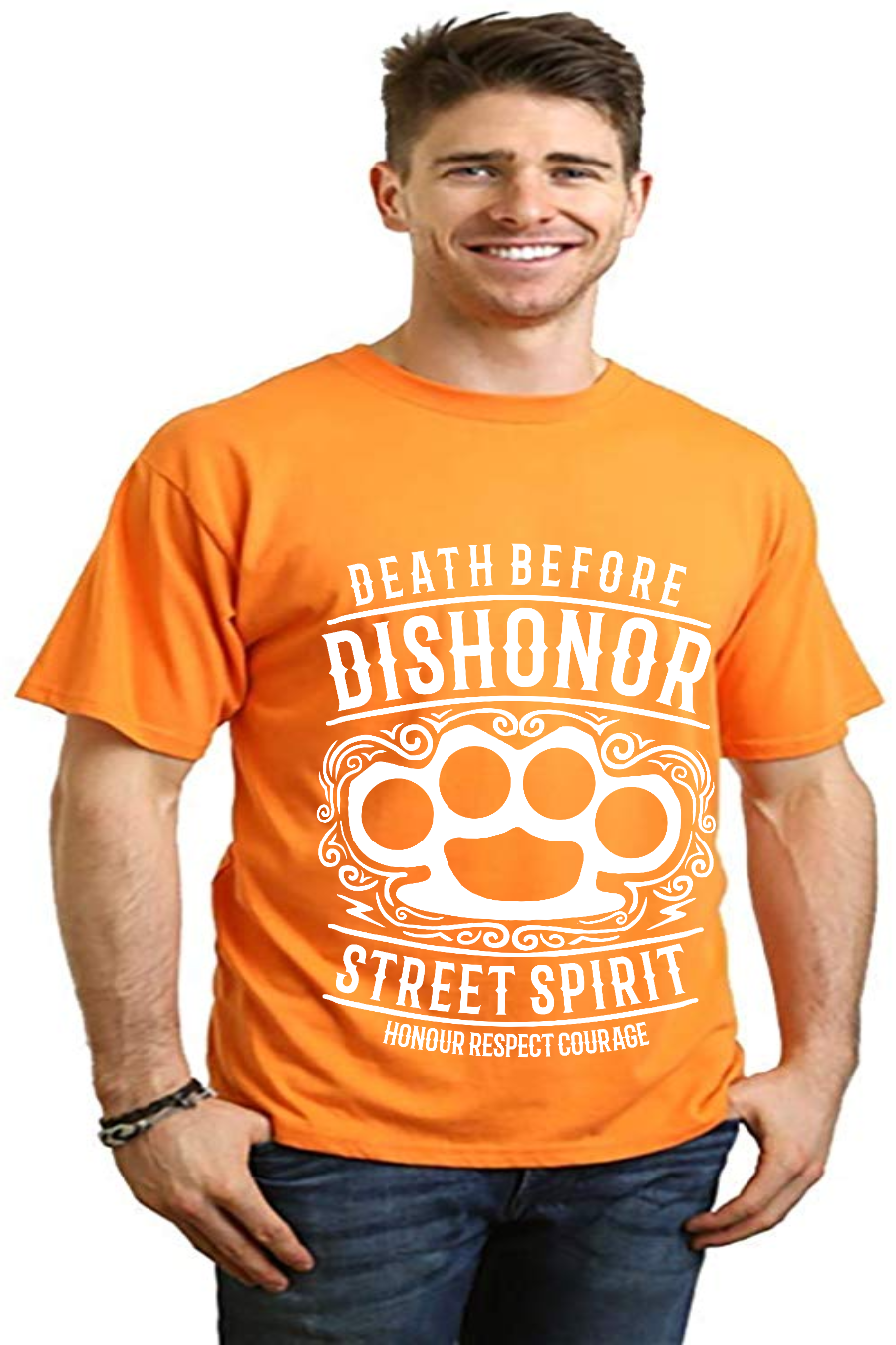 Death Before men's bamboo viscose/organic cotton orange graphic tee with DISHONOR Street Spirit paw design by Spun Bamboo on Tampa Home & Garden Store