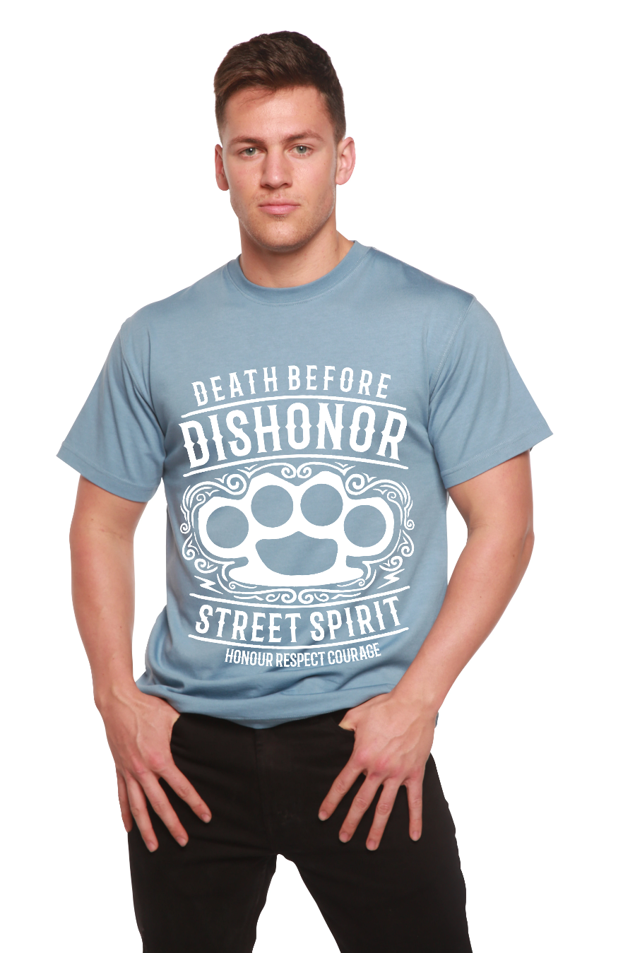 Men's Spun Bamboo blue graphic T shirt with Death Before Dishonor Street Spirit design on Tampa Home & Garden Store