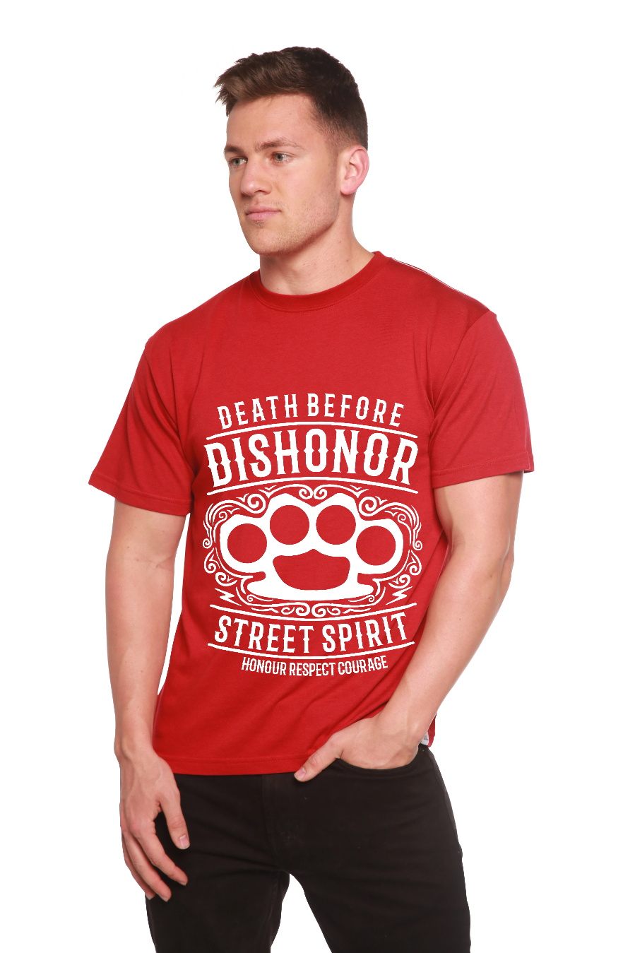 Men's Death Before red bamboo T-shirt with white graphic design by Spun Bamboo on Tampa Home & Garden Store