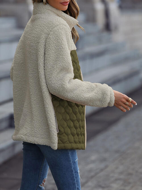 Stevvex cream sherpa zip-up jacket with olive quilted panels, lightweight coat, pockets on Tampa Home & Garden Store