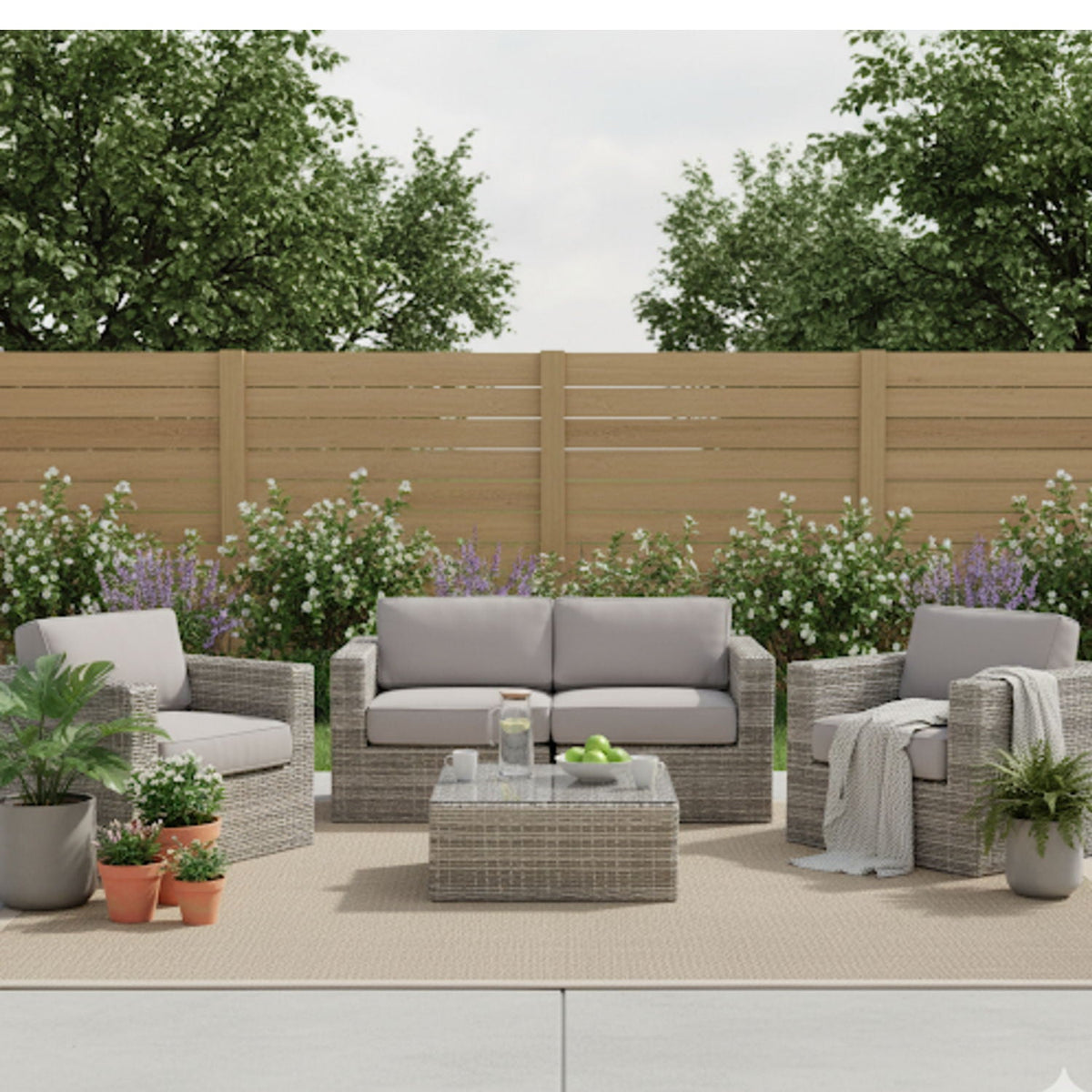3pc wicker outdoor seating with cushions and glass coffee table in gray by HouseOfZazla on Tampa Home & Garden Store