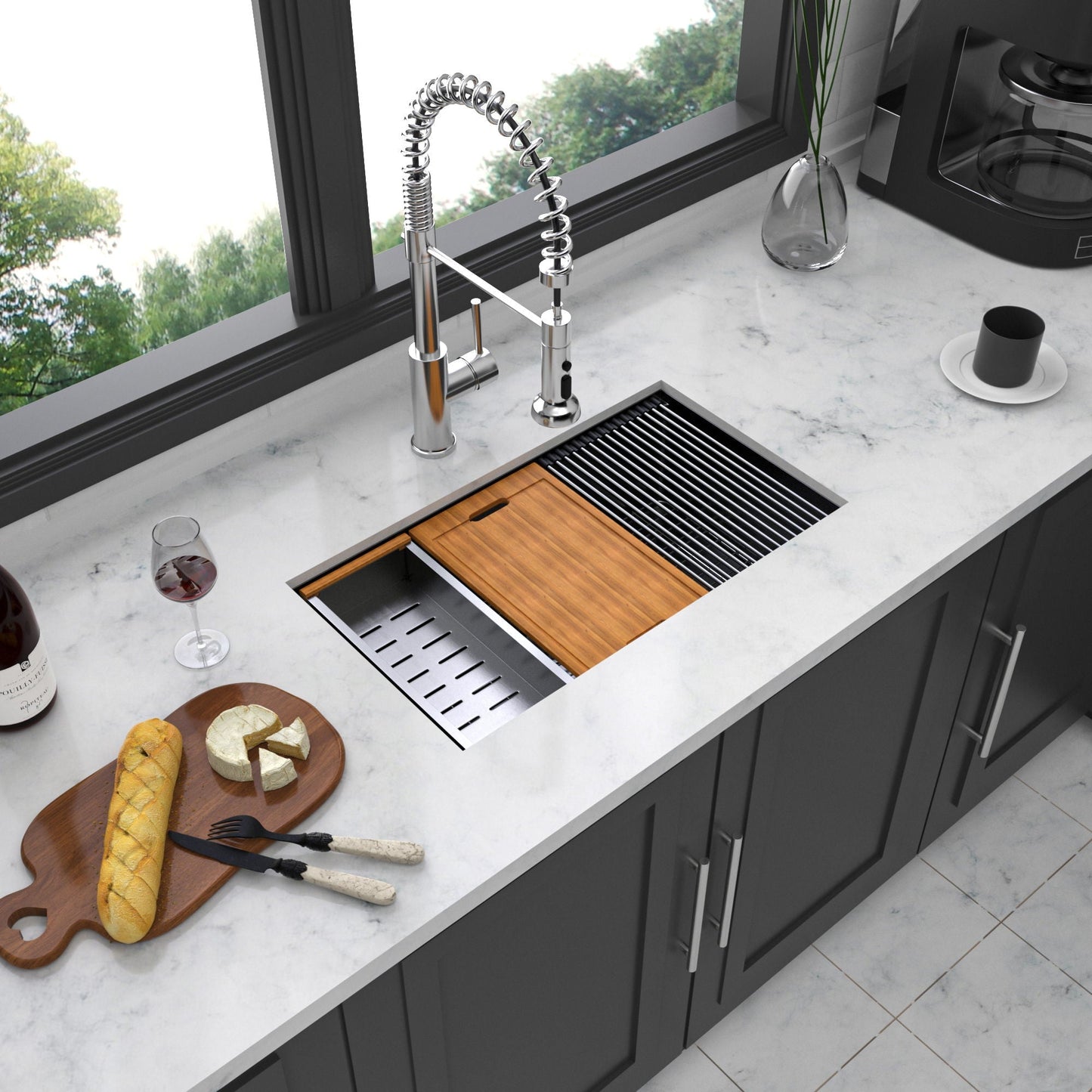 HouseOfZazla workstation sink 30x18x10 undermount single-bowl 16ga gunmetal black with spring faucet on Tampa Home & Garden Store