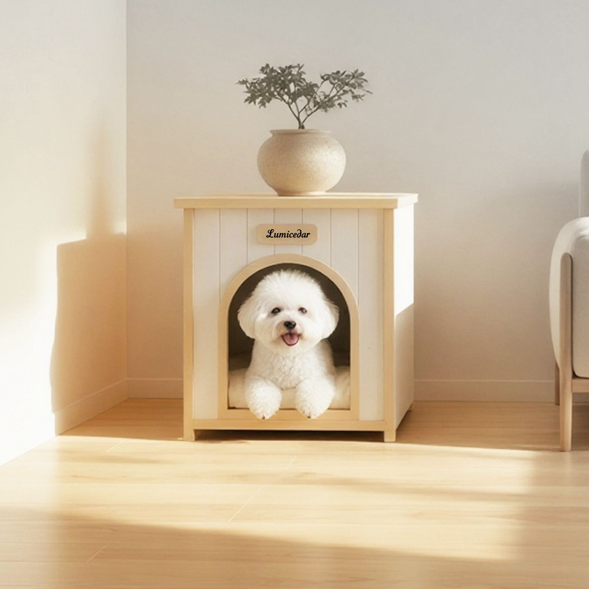 Indoor Dog House with Removable Cushion, cream white & light yellow, dog peeking out on Tampa Home & Garden Store