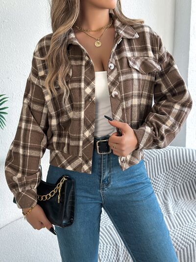 Classic plaid button up long sleeve jacket by Stevvex, brown plaid cozy everyday jacket on Tampa Home & Garden Store