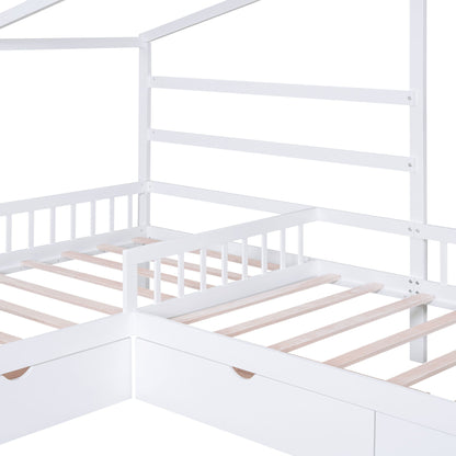 L Shape Platform Bed With 3 Storage Drawers in white wood frame HouseOfZazla on Tampa Home & Garden Store