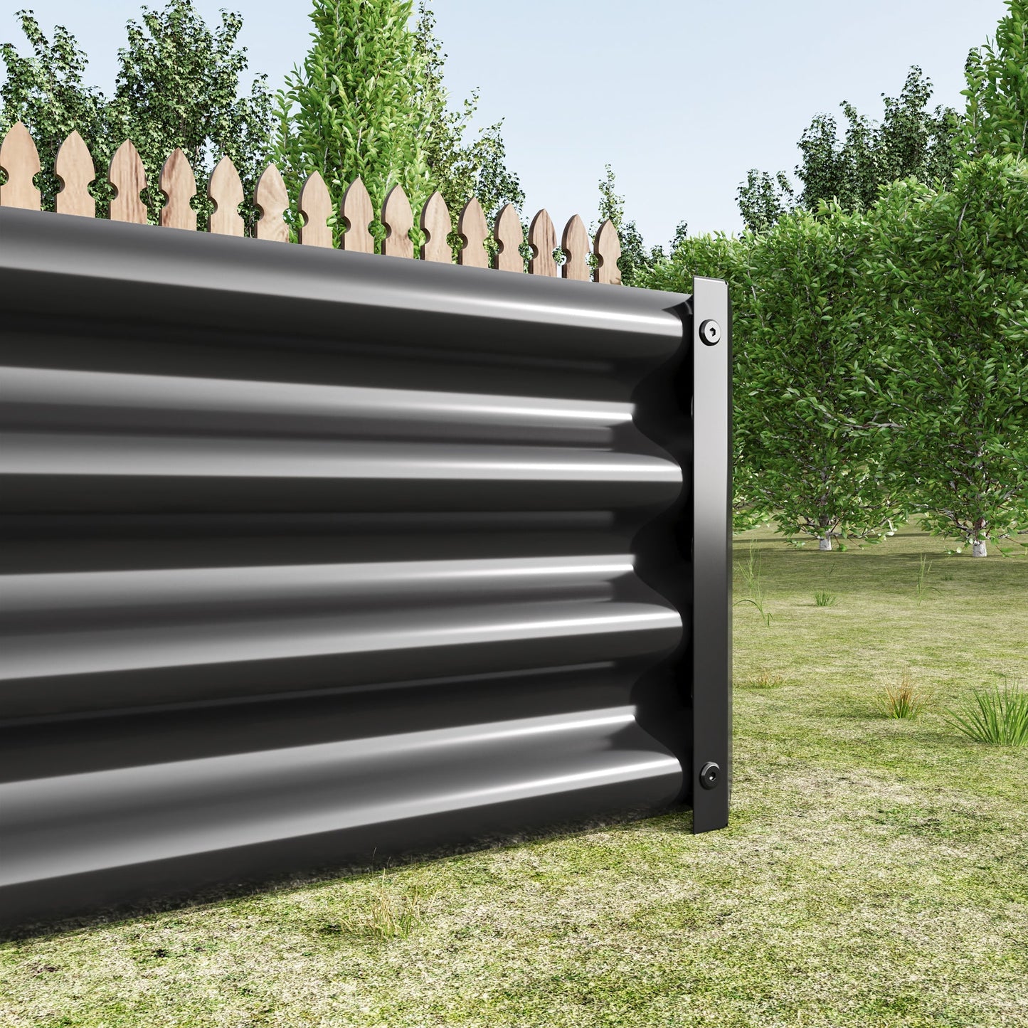 Raised garden bed metal rectangle planter with ribbed sides beside a wooden fence and greenery on Tampa Home & Garden Store