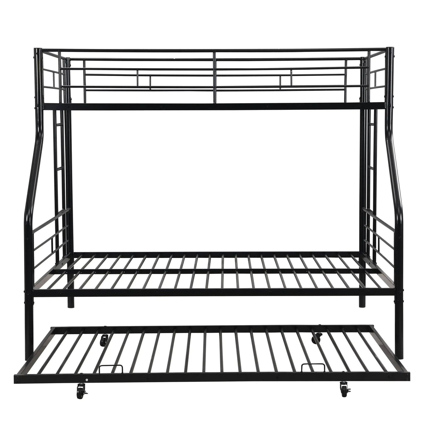 Modern metal bunk bed frame with top guard rails and bottom slats, black finish on Tampa Home & Garden Store
