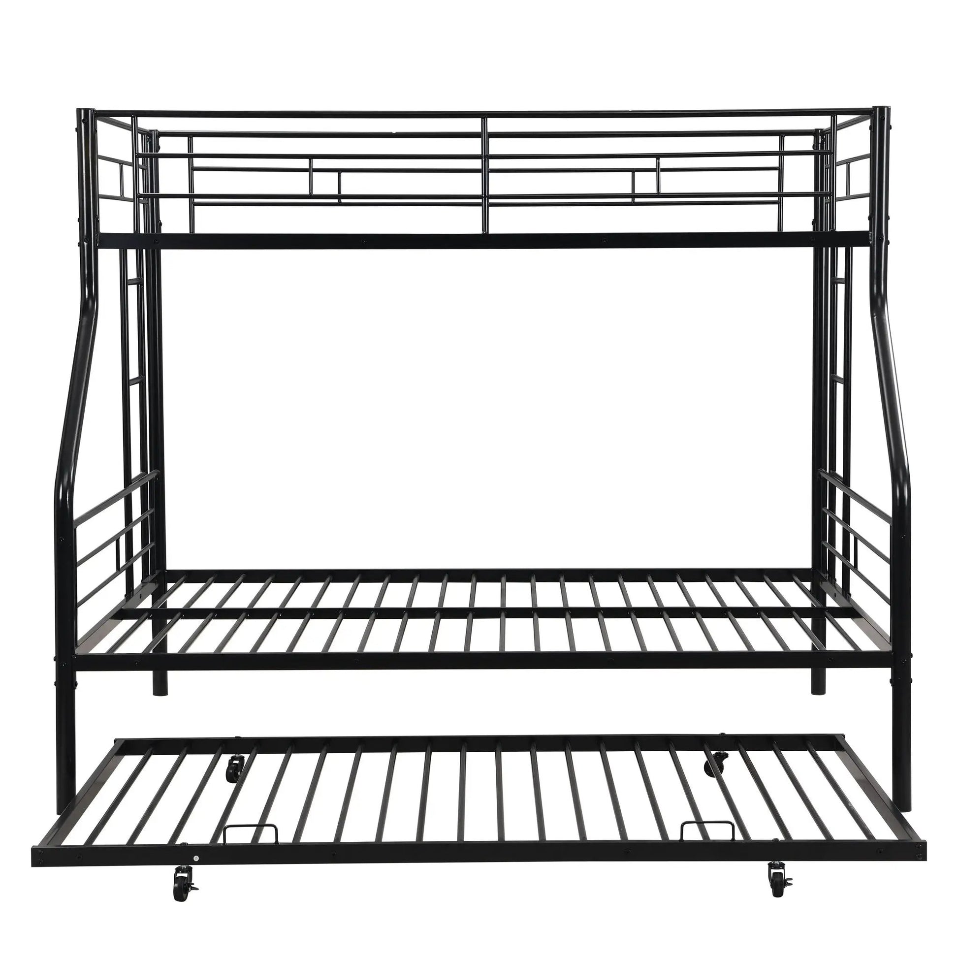 Modern metal bunk bed frame with top guard rails and bottom slats, black finish on Tampa Home & Garden Store