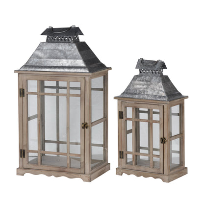 S/2 Classic Scape Lanterns pair; rustic metal lanterns with glass panes and wood bases on Tampa Home & Garden Store
