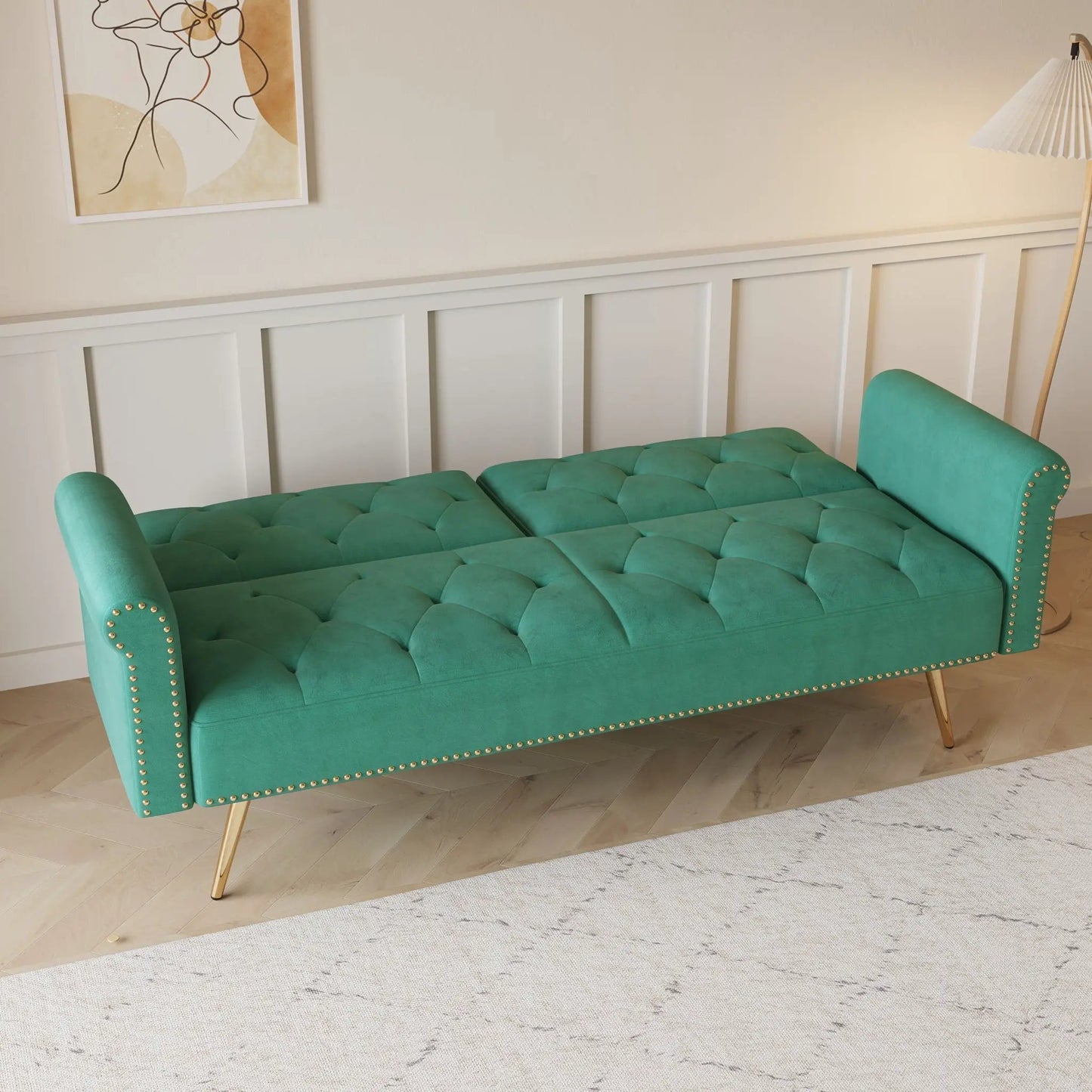 Luxurious teal sofa bed with nailhead trim and matching pillow by Unique Piece Furniture on Tampa Home & Garden Store