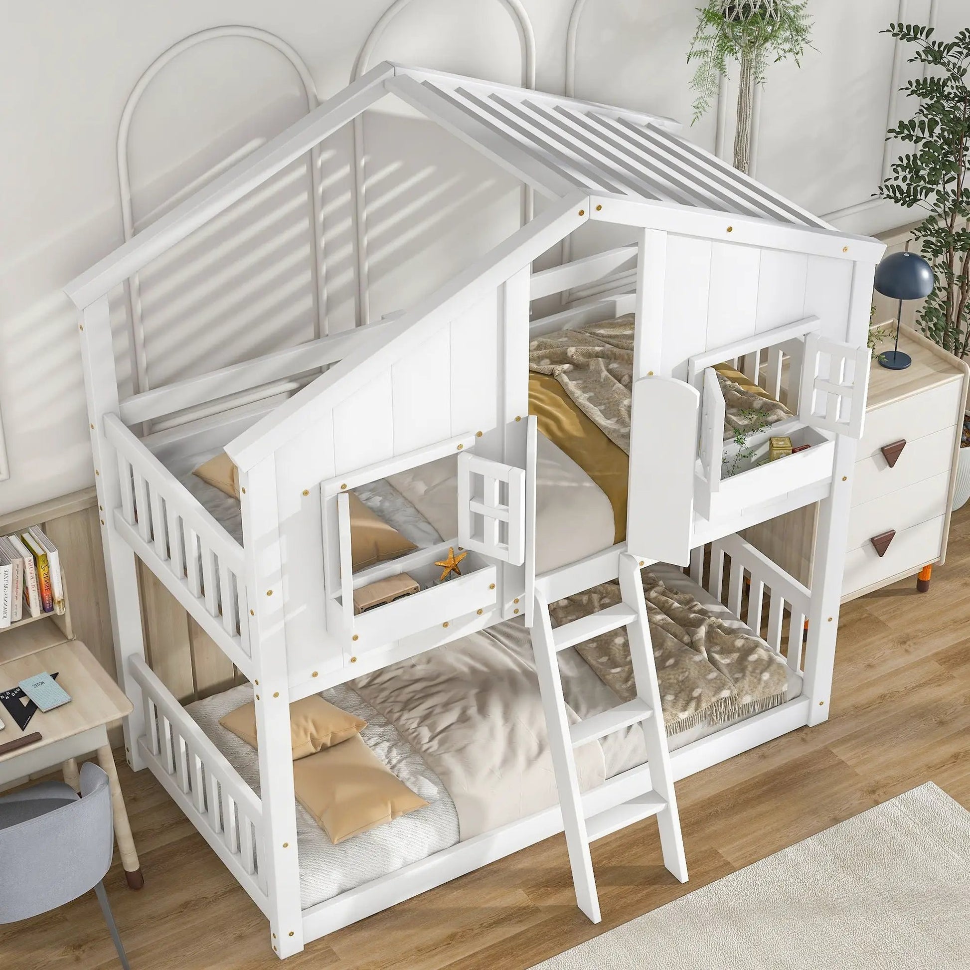 House bunk bed with roof, window, door and ladder in white wood by Unique Piece Furniture on Tampa Home & Garden Store
