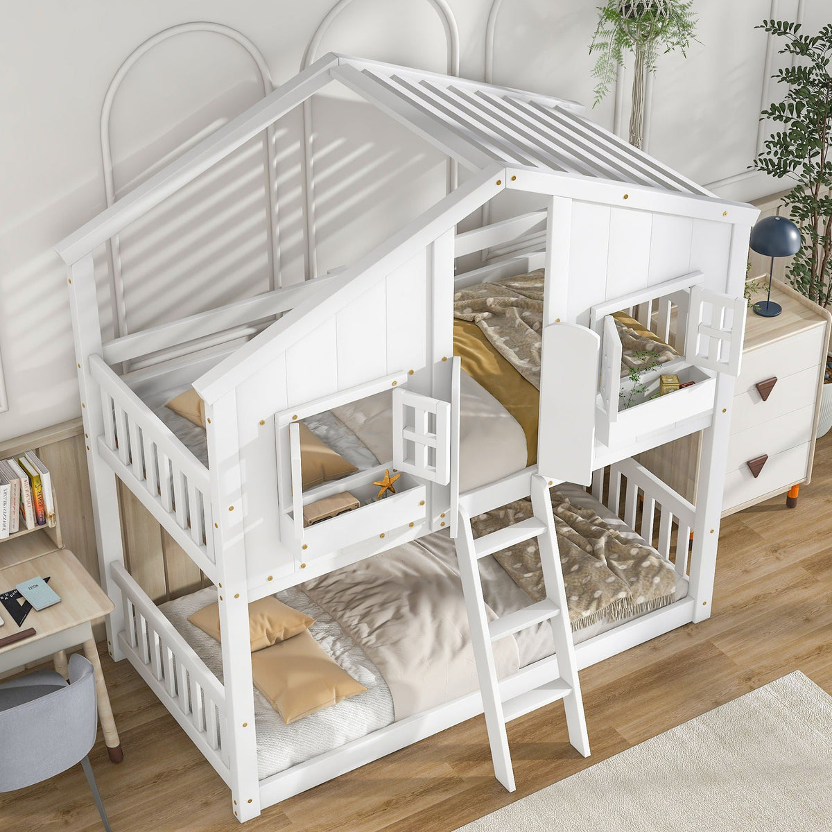 HouseOfZazla house bunk bed with roof, window, window box, door, guardrails and ladder on Tampa Home & Garden Store