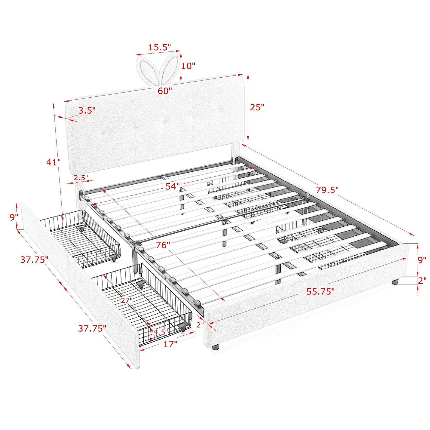 Upholstered Bed with Rabbit Ear and Led Drawers