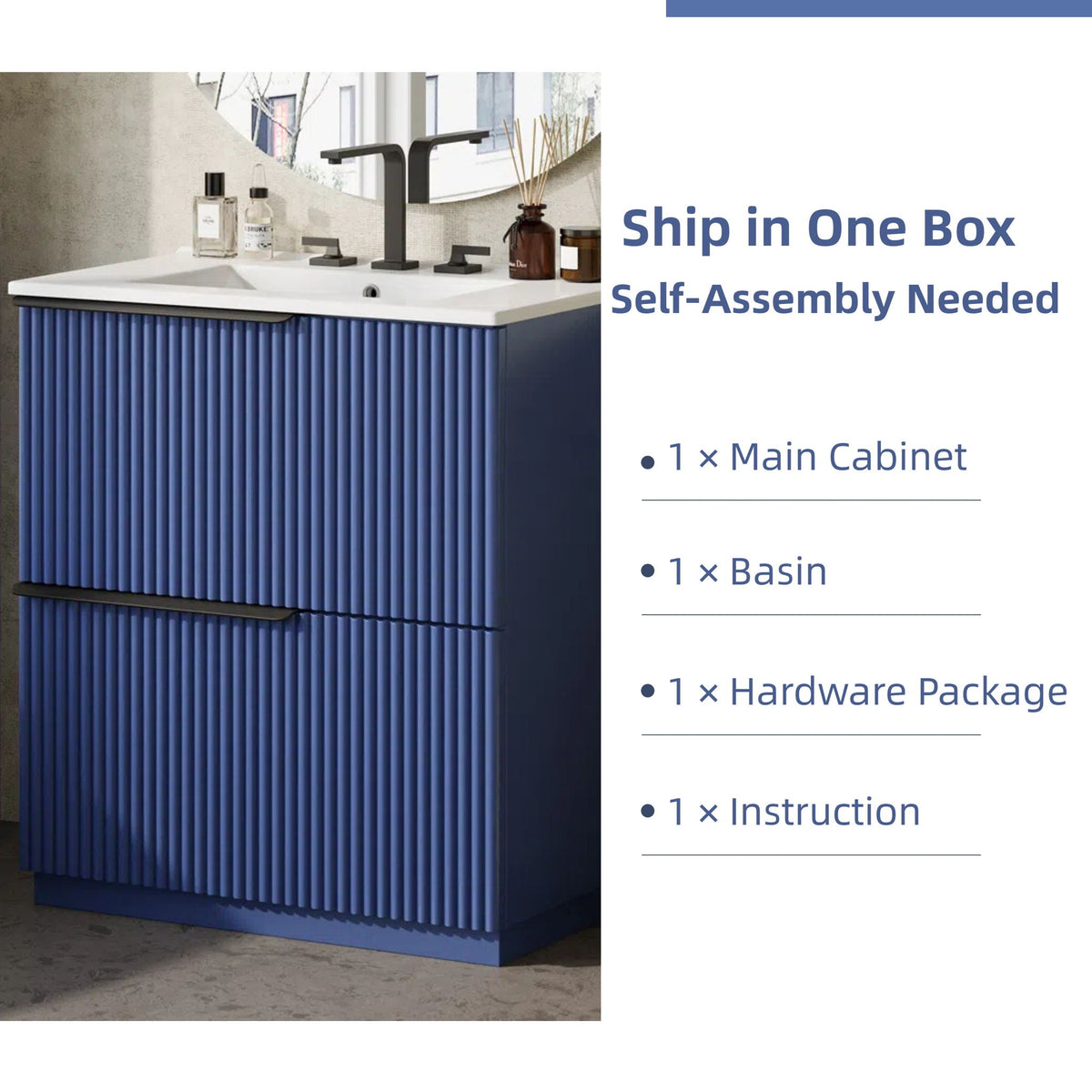 HouseOfZazla fluted blue bathroom vanity with white ceramic sink and matte black faucet on Tampa Home & Garden Store