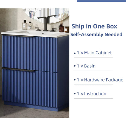 HouseOfZazla fluted blue bathroom vanity with white ceramic sink and matte black faucet on Tampa Home & Garden Store