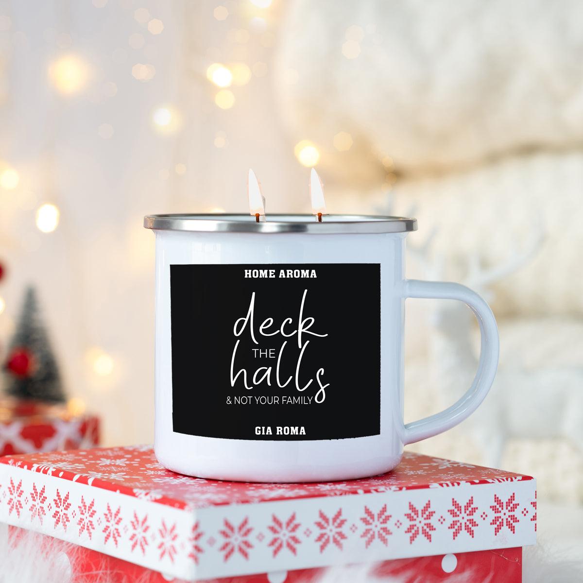 16oz candle mug white enamel two-wick Gia Roma with label, sits on red snowflake gift box on Tampa Home & Garden Store