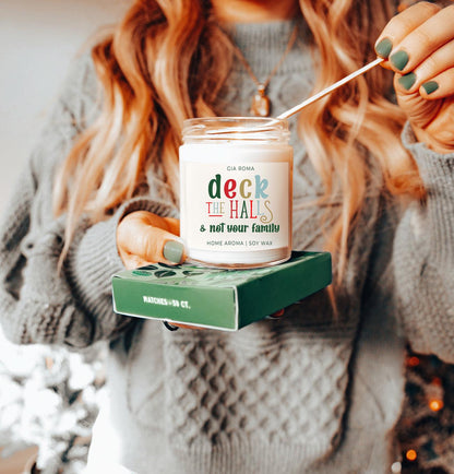 Deck The Halls candle by Gia Roma, white soy wax in glass jar with a colorful label on Tampa Home & Garden Store