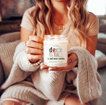 Deck The Halls candle Gia Roma, white soy wax in a clear glass jar, with colorful label on Tampa Home & Garden Store