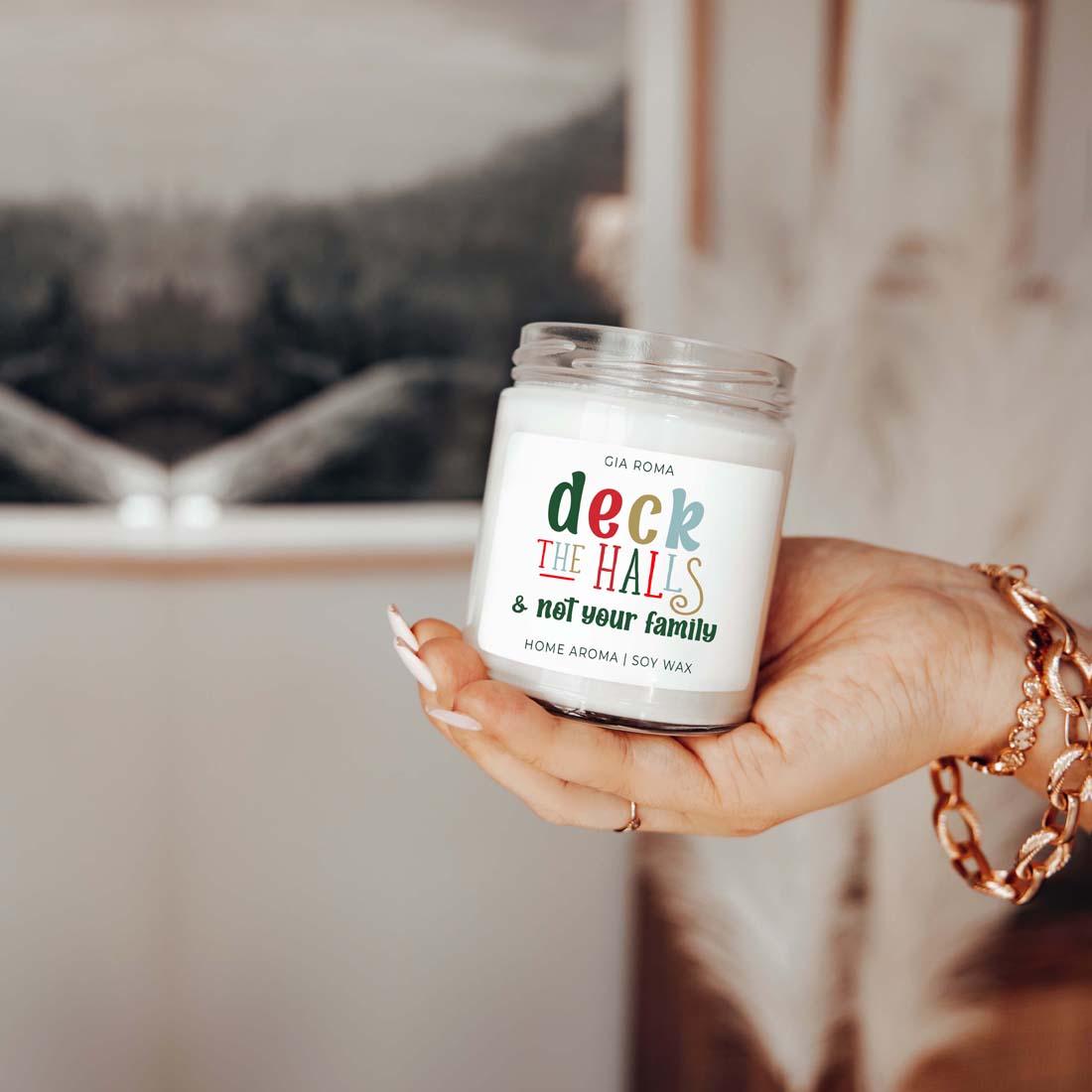 Deck The Halls Candle by Gia Roma, white jar candle with colorful label, soy wax on Tampa Home & Garden Store